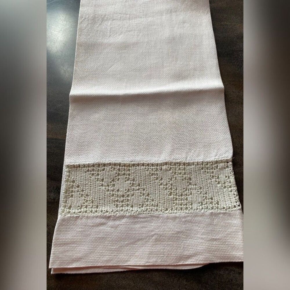 Vintage Table Cloth Runner White Linen Crochet Lace Trim Grandmacore 37 X 17”